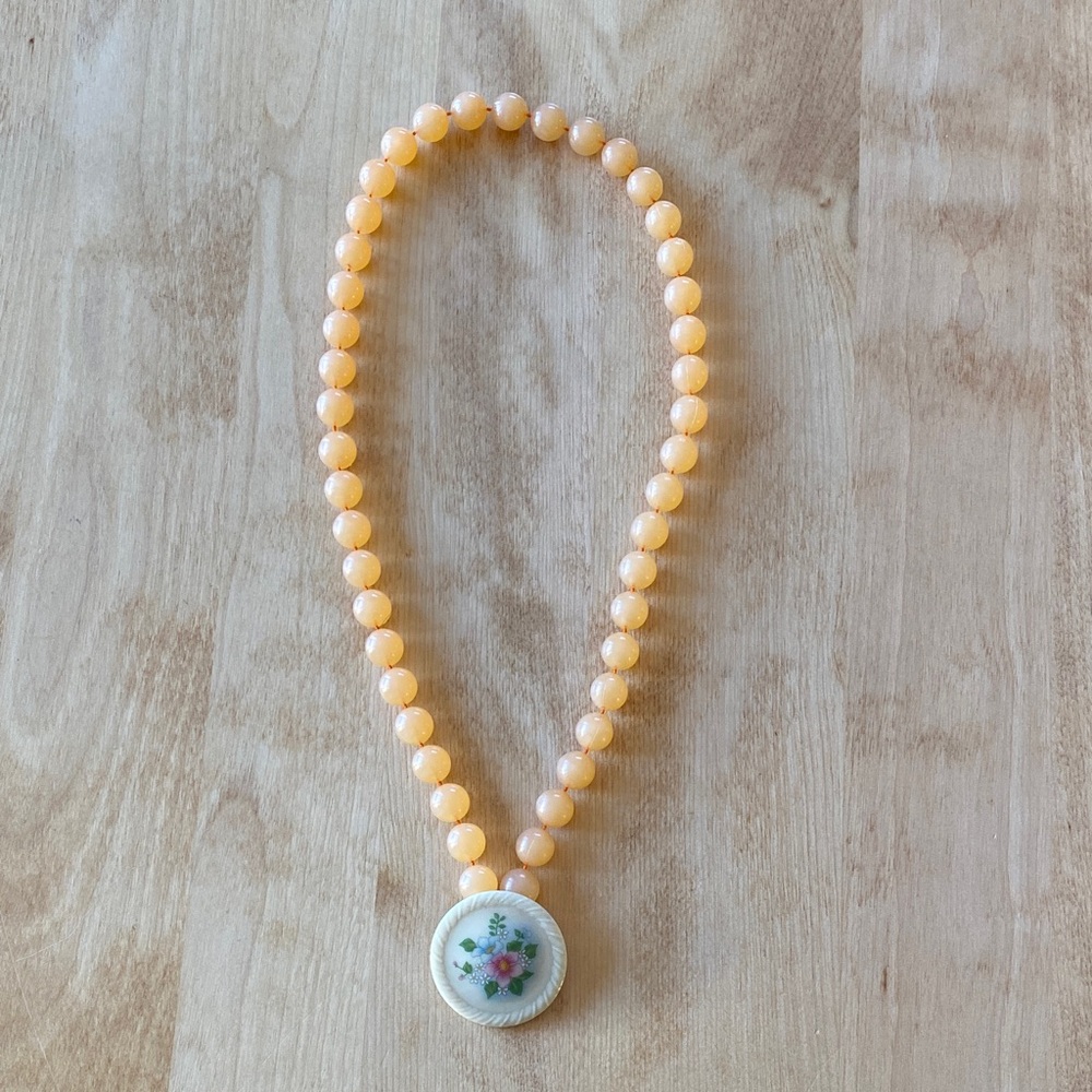 Retro Peach Beaded Necklace with Vintage Avon Floral Ceramic Pin
